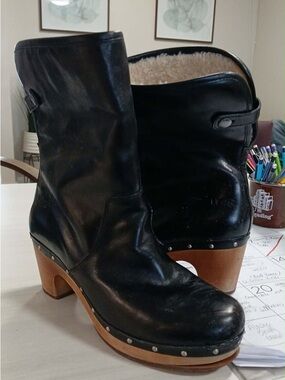 Women's Black Leather UGG Clog Boot with Wooden Heel
